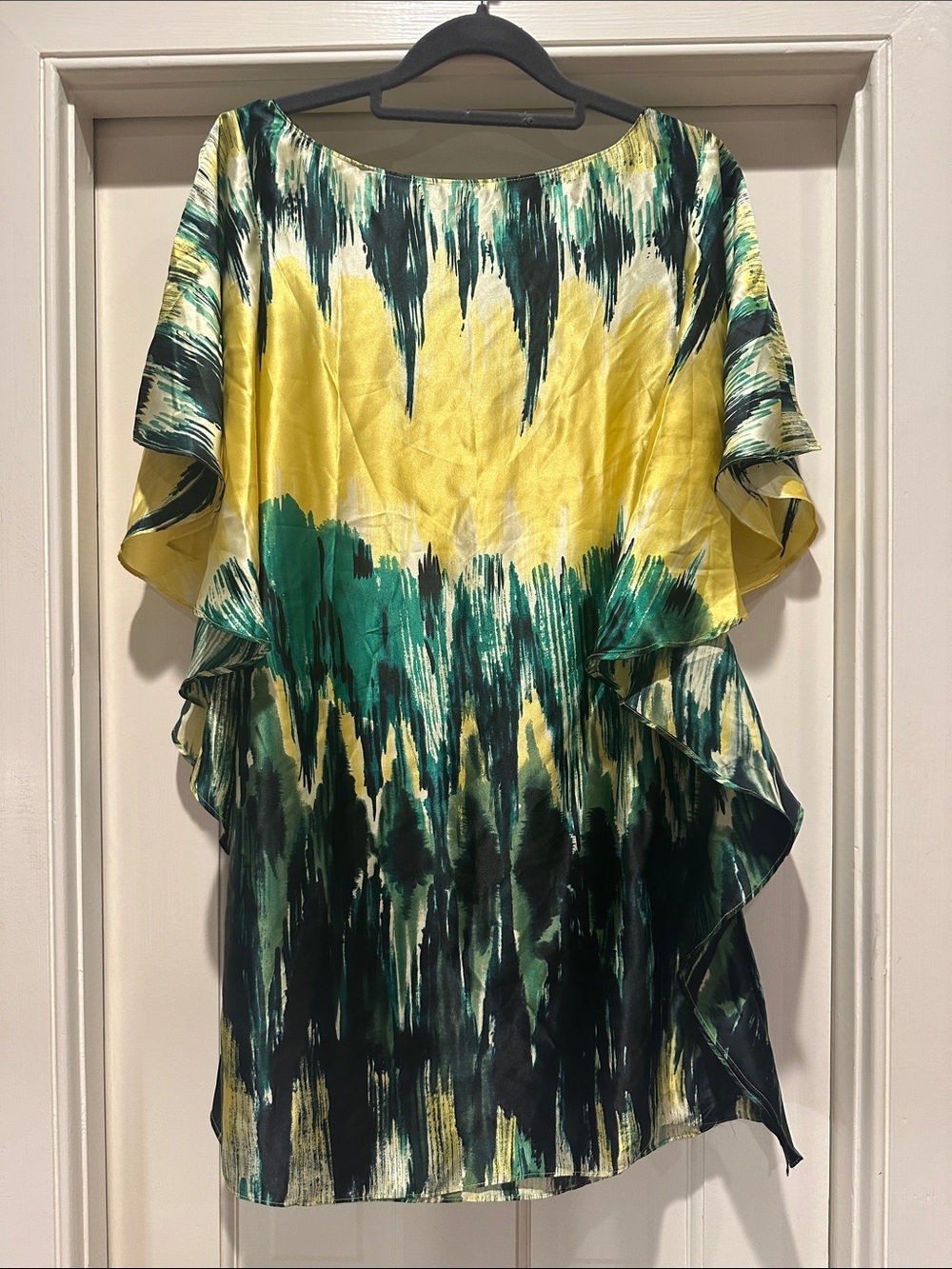 Women's Yellow & Green Printed Mini Dress with Flutter Sleeves
